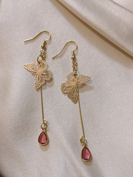 Pink butterfly dew drop earrings