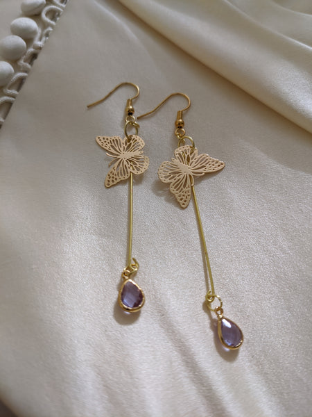 Purple butterfly dew drop earrings