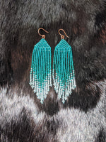 Emerald to teal ombré fringe bead earrings