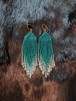 Emerald to teal ombré fringe bead earrings