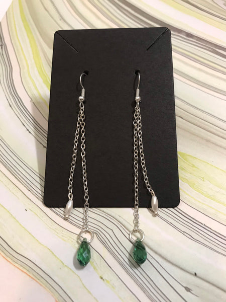 Silver chain green Swarovski and pearl dangle earrings